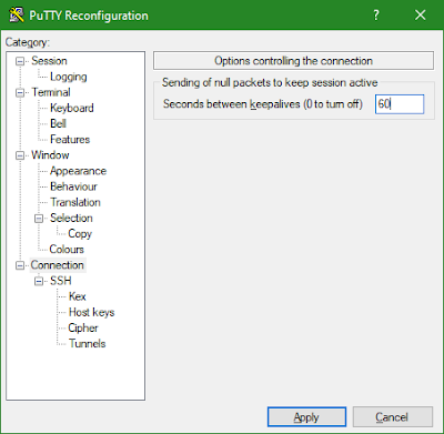 Tampilan PuTTY Reconfiguration, bagian Connections