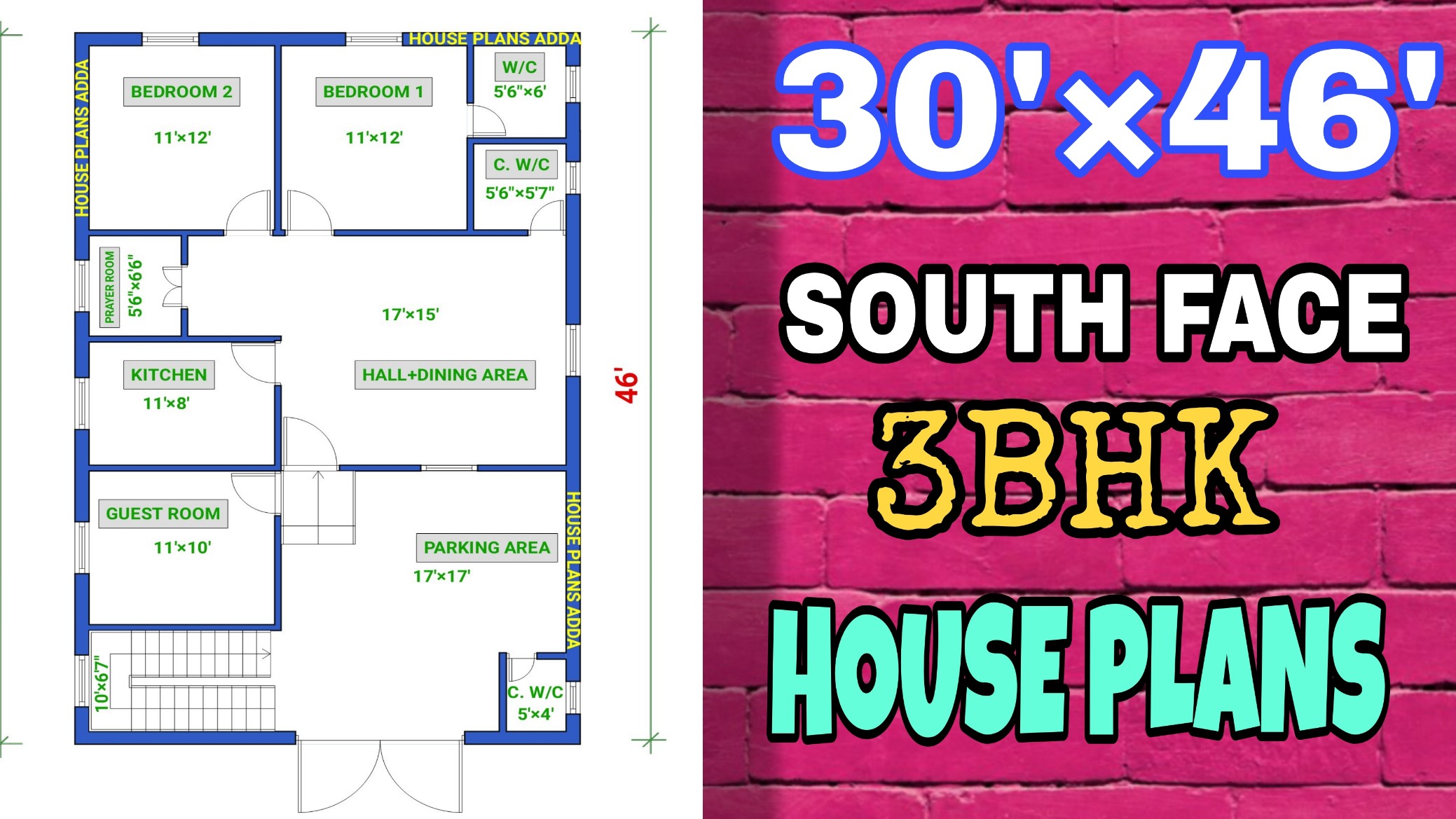3bhk house plan south face