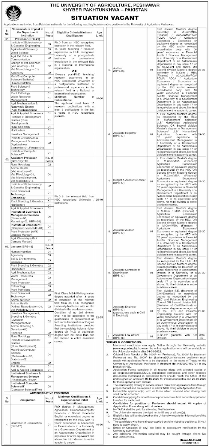 The University of Agriculture Peshawar AUP Jobs 2022