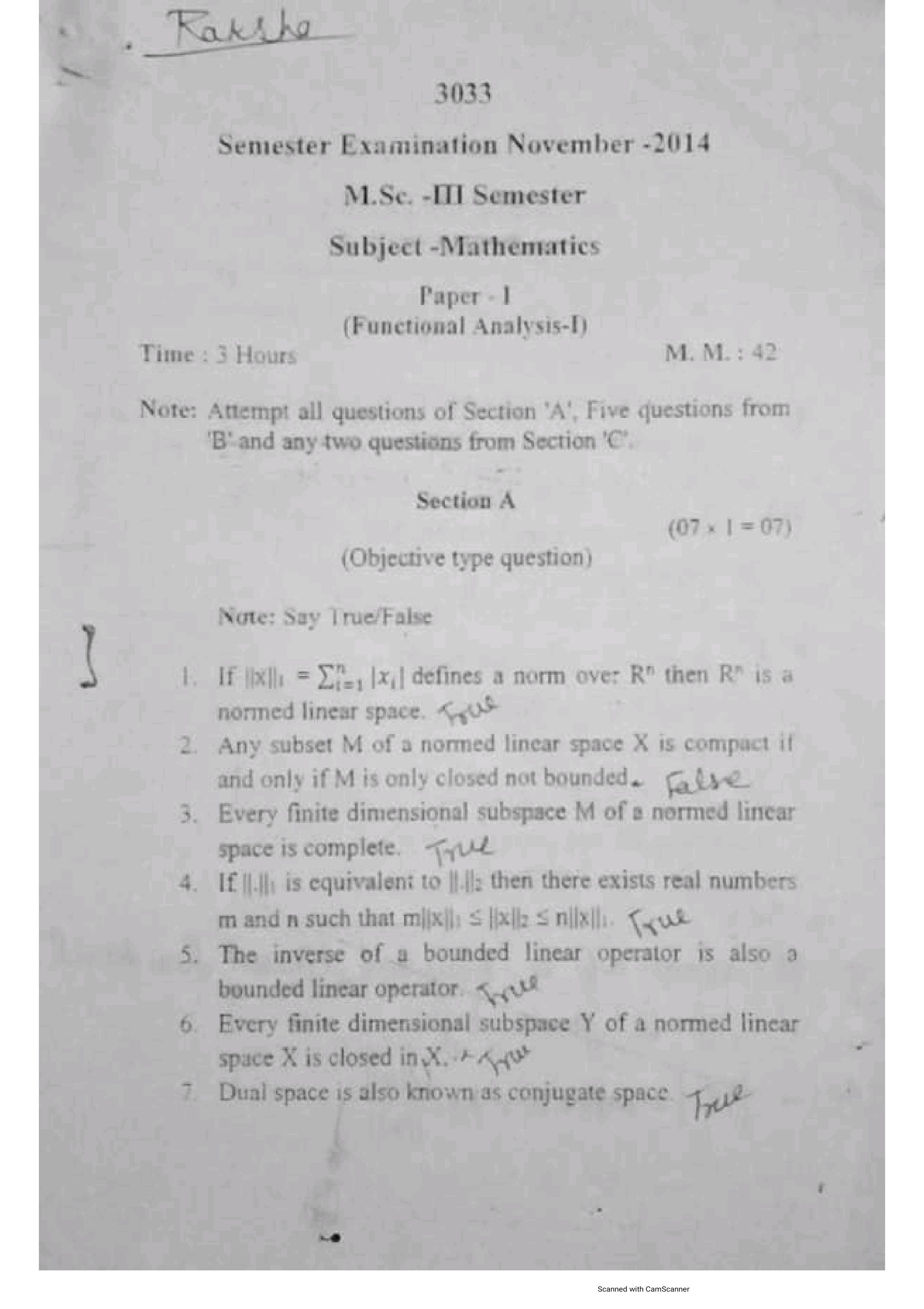 Mathematics M.Sc - IIIrd Sem Previous Question Papers Subject - Functional Anaysis