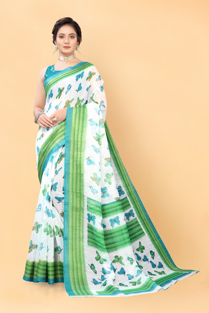 White and Green Cotton Printed Casual Saree