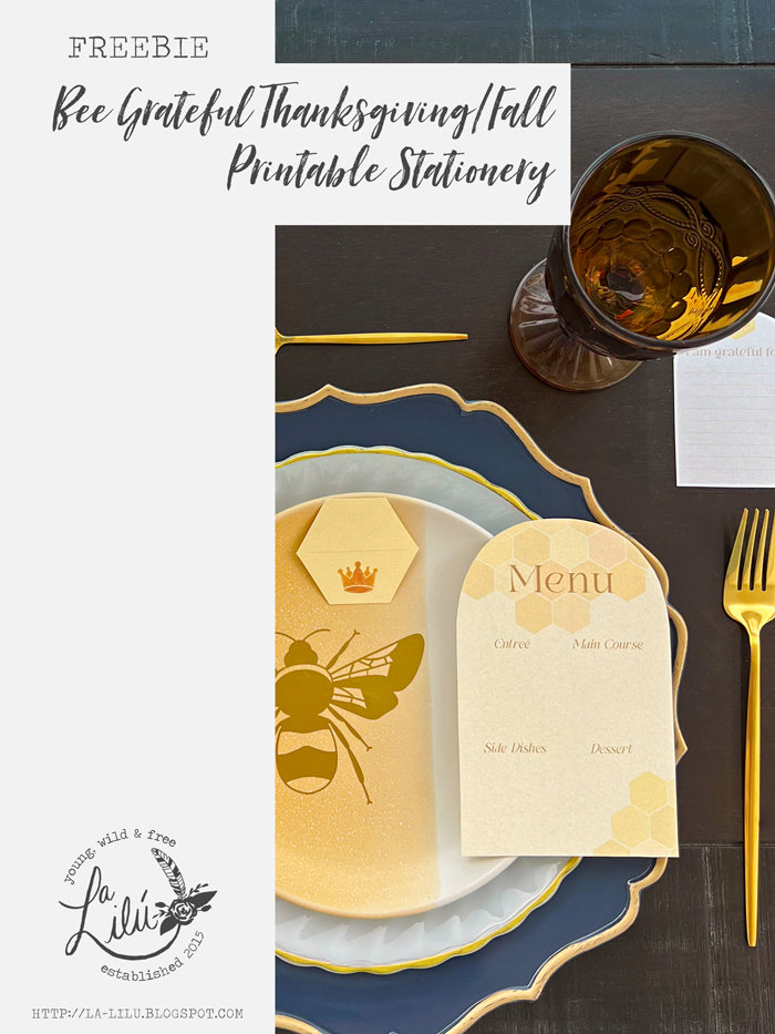 table setting, bees, flowers, yellow, menu card, place card, gold, plates, gratitude card, crystal glass, beehive, hexagon
