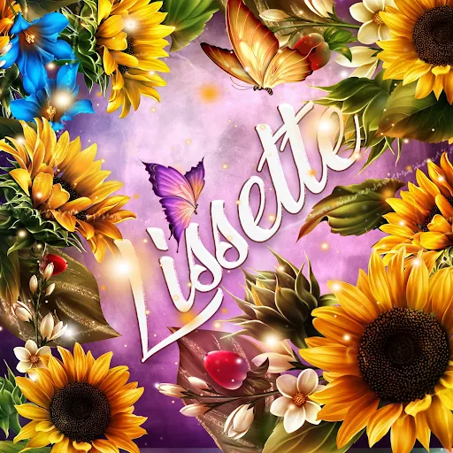 imágen con el nombre lissette con fondo de girasoles y mariposas para descargar gratis