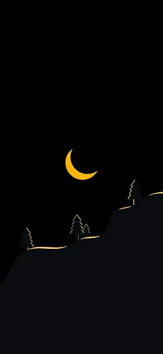 Minimalist night scene wallpaper featuring a slender crescent moon hanging above a silhouette of pine trees on a dark hill, set against a stark black sky.