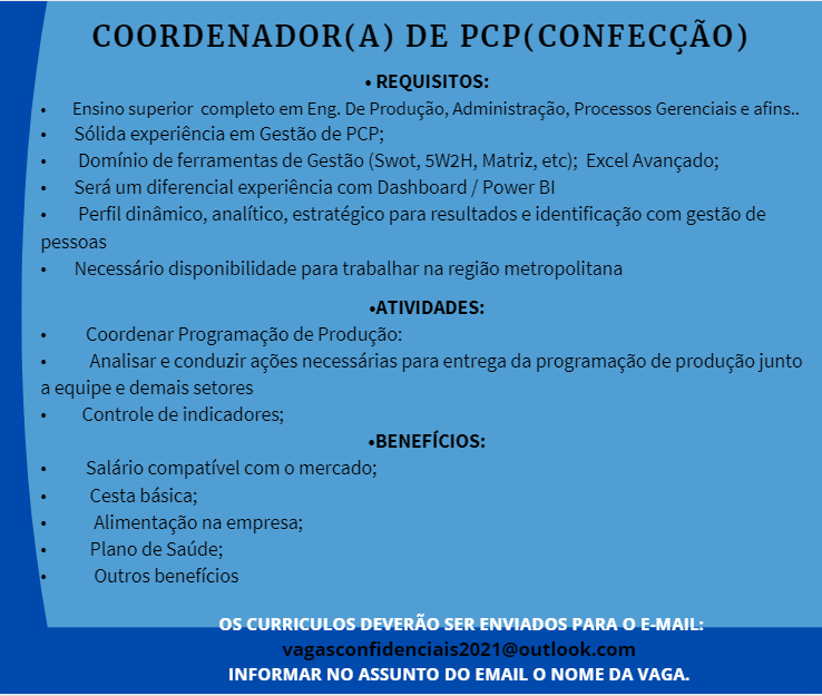 COORDENADOR(A) DE PCP / CONFECÇÃO