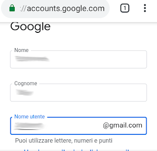 Passaggio 5 - inserire nome cognome e scegliere un nome per la nostra nuova mail gmail, se non vogliamo usare un nostro indirizzo già esistente ma non è consigliato