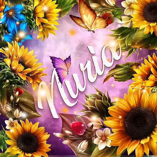 imágen con el nombre nuria con fondo de girasoles y mariposas para descargar gratis