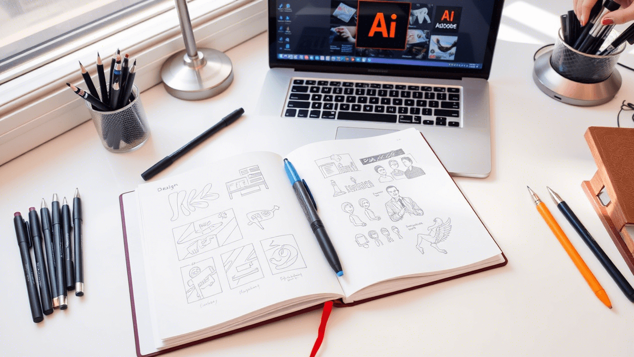 Sketchbook filled with daily design sketches, pens, and a laptop showing Adobe Illustrator.