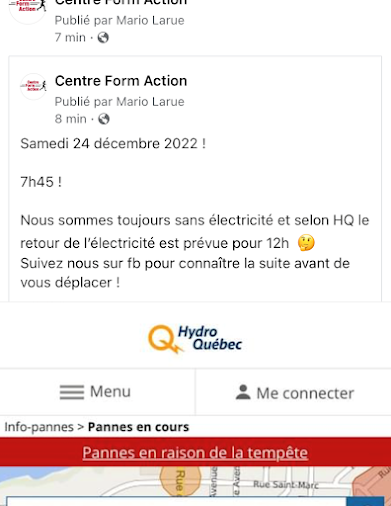 Nous sommes toujours sans électricité et selon Hydro Québec le retour du courant est prévu pour 12h00 ;-(    Suivez nous sur Facebook