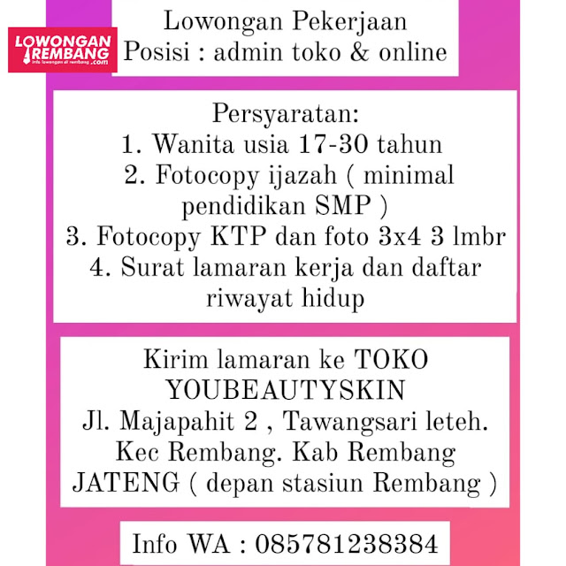 Lowongan Kerja Admin Toko & Online Toko You Beauty Skin Rembang