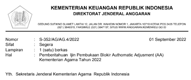 Pemberitahuan Ijin Pembukaan Blokir Authomatic Adjusment (AA) Kementerian Agama Tahun 2022 - S1TEKNO