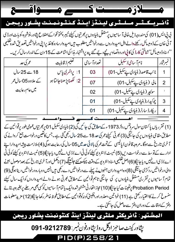 Today Latest Govt Jobs In Pakistan 2021 | Military Lands and Cantonments Department Peshawar Latest Jobs 2021