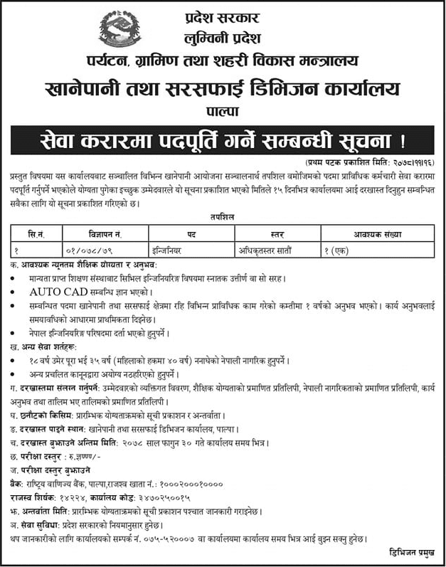 MoRUD Lumbini Pradesh Water Supply and Sanitation Division Office Vacancy