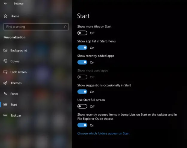 Windows 10 start menu settings