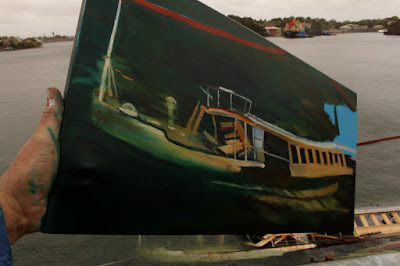 Jane Bennett,maritime artist, painting the wreck of MV Baragoola from the Coal Loader