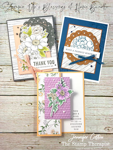 3 handmade cards with the Stampin' Up! Blessings of Home bundle.  More details on the video on the blog.  Jennifer Cotton