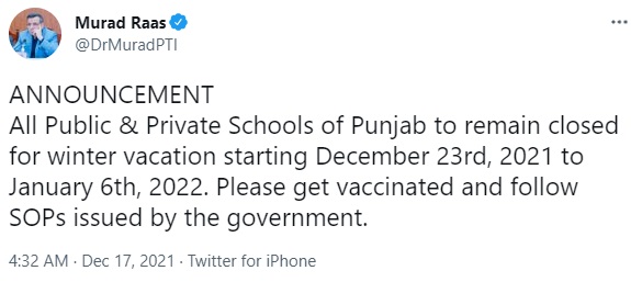 Schools Closing Date for Winter Vacation in Punjab, Pakistan