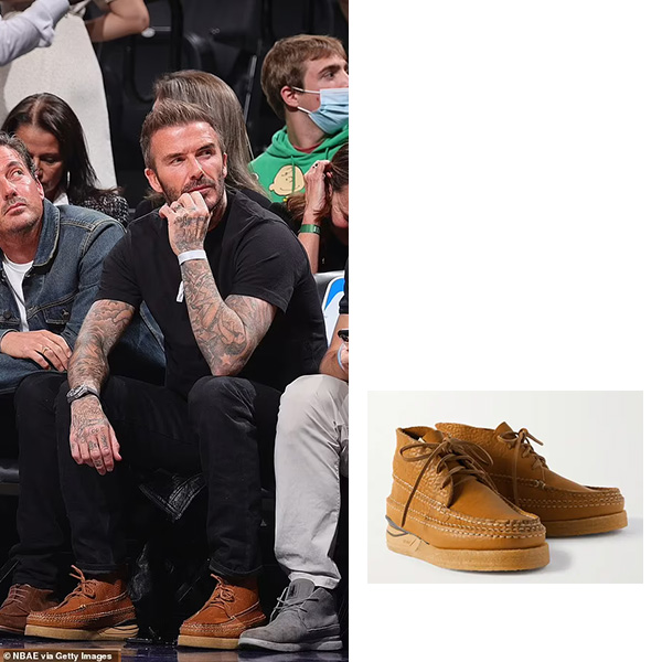 David Beckham wearing Visvim's  Canoe Moc II-Folk Full Leather Boots on basketball game in New York on November 3, 2021