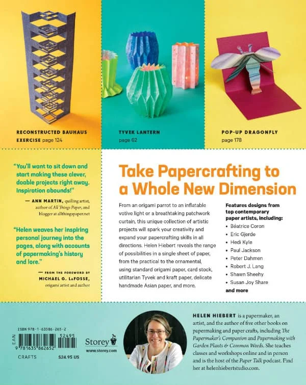 back cover of The Art of Papercraft shows several sample projects, text, and photo of Helen Hiebert, author