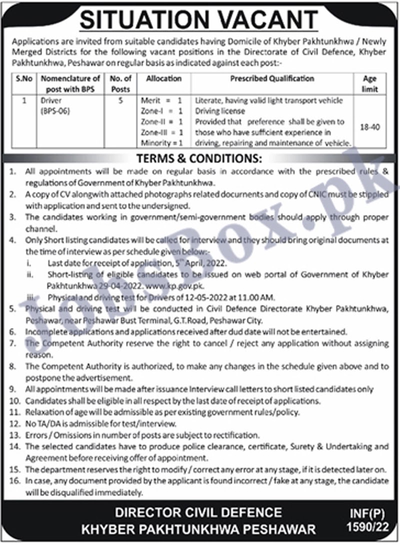 Civil Defence Department KPK jobs 2022 Application Form