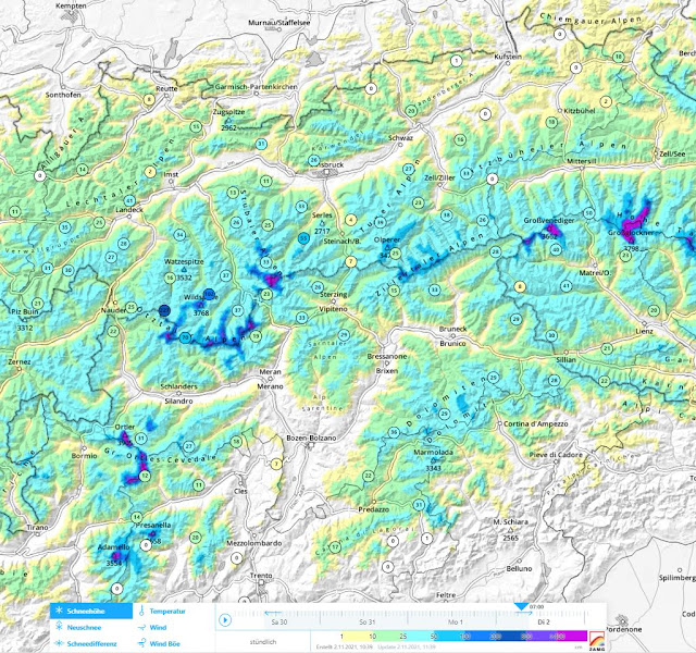 L'altezza neve al suolo in Alto Adige e zone limitrofe, al 2 novembre 2021. A 2000 m ci sono dai 20 ai 30 cm di neve.