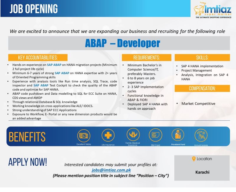 Imtiaz Super Market Jobs ABAP - Developer