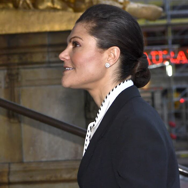 Crown Princess Victoria wore a new Jawana blazer by Hugo Boss, and satin neck-tie blouse by Peter Pilotto