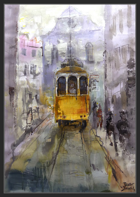 TRANVIA-LISBOA-PINTURA-ARTE-PAISAJES-IGLESIA-SANTO DOMINGO-CALLES-BARRIO-LA JUSTA-CASCO ANTIGUO-ARTISTA-PINTOR-ERNEST DESCALS