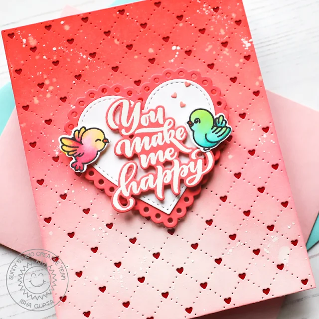 Sunny Studio Stamps: Quilted Hearts Die Card by Isha Gupta (featuring Lovey Dovey, Little Birdie, Scalloped Heart Dies, Stitched Heart Dies)