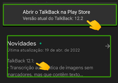 descrição da imagem, recorte das janelas do Talkback e da playstore mostrando versões diferentes do leitor de telas, fim da descrição