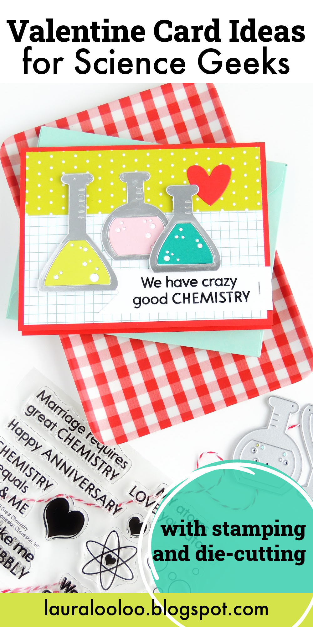 Try these fun chemistry themed handmade card ideas for valentines or anniversary cards. The adorable die cut chemistry bottles and coordinating clear stamped sentiments are the perfect way to say I LOVE YOU to your science geek! Stop by to see more science inspired card ideas with stamps and dies from Impression Obsession