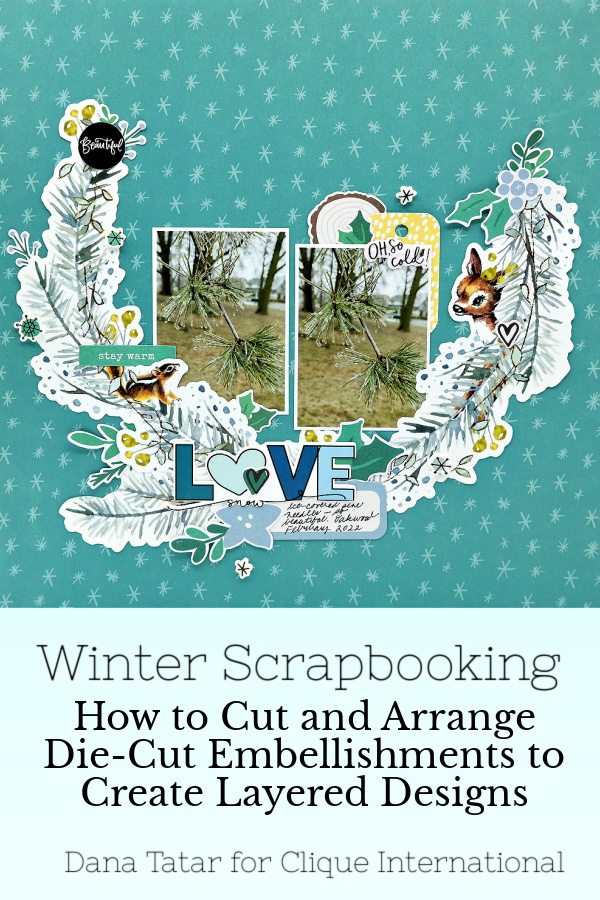 Green and Blue Frosty Pine Needle Scrapbook Layout Created with Products from Pretty Little Studio and Simple Stories