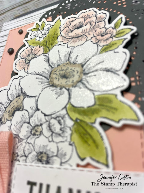 Handmade card using the Stampin' Up! Blessings of Home Bundle.  Colors are Basic Gray and Petal Pink.  Designer paper on front has wood grain going landscape (card is portrait).  Petal pink rectangle, then flowers die cut out and colored in with Stampin' Blends.  Gray doily behind flowers.  Petal Pink Bow.  Greeting says thank you for inspiring me bottom right on white rectangle.  Jennifer Cotton