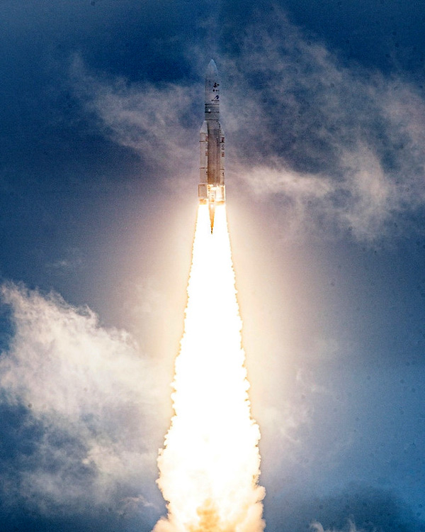 An Ariane 5 rocket carrying NASA's James Webb Space Telescope launches from Europe’s Spaceport in French Guiana, South America...on December 25, 2021.