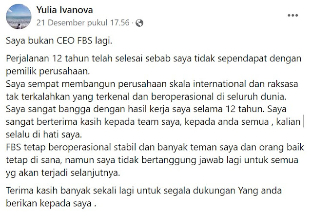 Yulia Ivanova mengundurkan diri dari CEO FBS