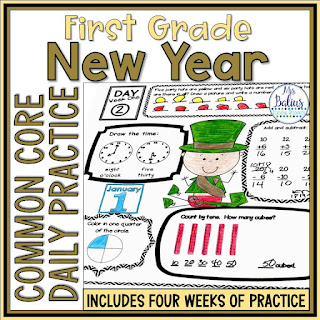 These New Year themed math practice pages provide a daily math review of all CCSS first grade math standards.