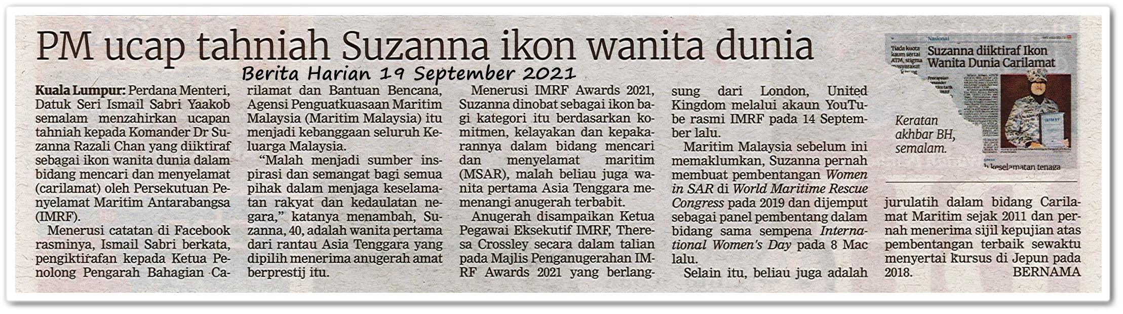 PM ucap tahniah Suzana ikon wanita dunia - Keratan akhbar Berita Harian 19 September 2021