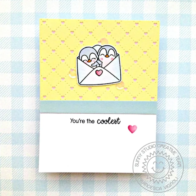 Sunny Studio Stamps: Quilted Hearts Die Card by Franci Vignoli (featuring Passionate Penquins)