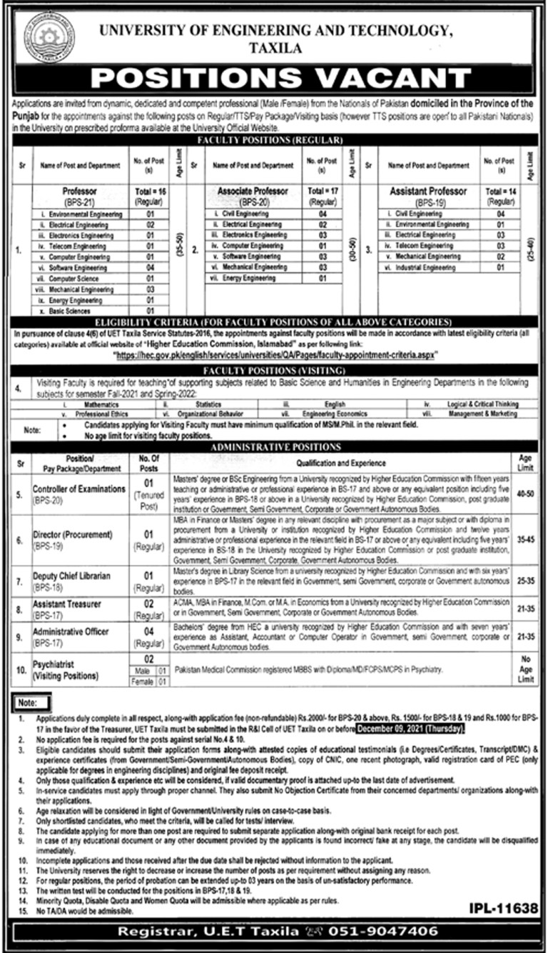 https://web.uettaxila.edu.pk - UET University of Engineering & Technology Jobs 2021 in Pakistan