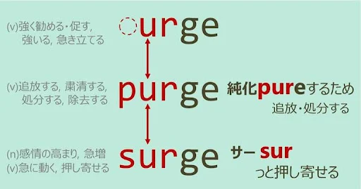 urge, purge, surge, スペルが似ている英単語