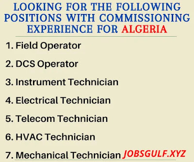 LOOKING FOR THE FOLLOWING POSITIONS WITH COMMISSIONING EXPERIENCE FOR ALGERIA