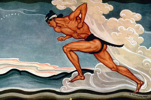 Ilustración de Filípides corriendo, extraída de la obra ‘Marathonikés’ de Willoughby Vera (1925). La imagen representa al legendario mensajero griego en pleno esfuerzo, evocando la mítica carrera desde Maratón hasta Atenas. Filípides aparece en una postura dinámica y atlética, con un fondo que sugiere velocidad y determinación.