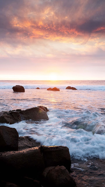 Wallpaper Sunset, Sea, Waves, Stones, Backdrop