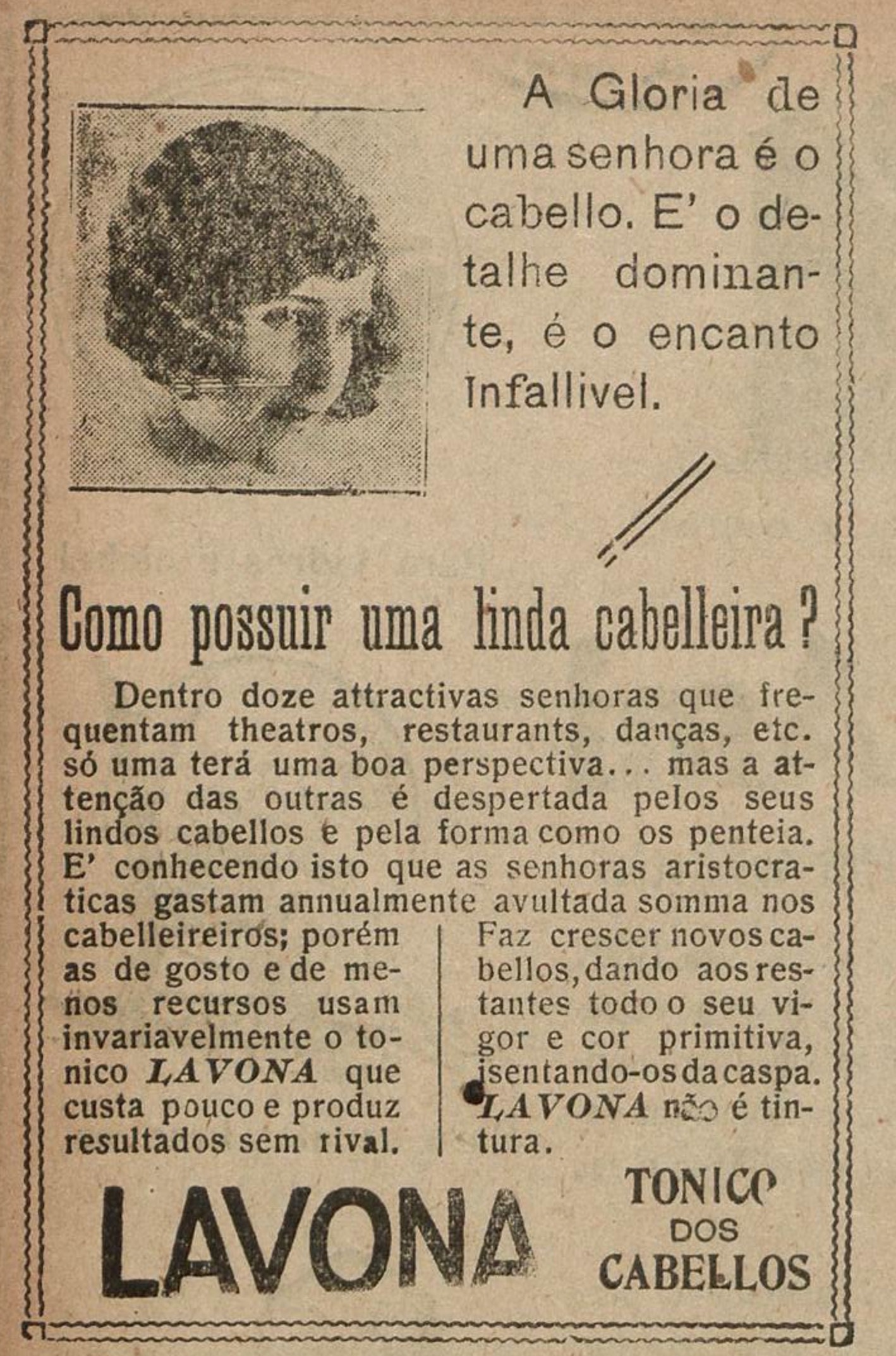 Propaganda veiculada em 1925 promovia o tônico Lavona para cabelos