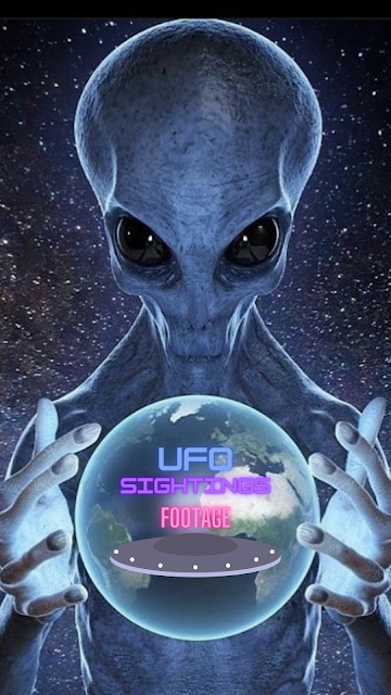 UFO Sightings Footage image of an Alien with hands out and the words UFO Sightings Footage and a Flying Saucer in front of a planet Earth image.