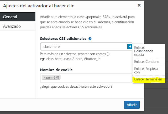 En la siguiente pantalla seleccionas la flecha hacia abajo y entre las opciones escoges "Enlace Termina en".