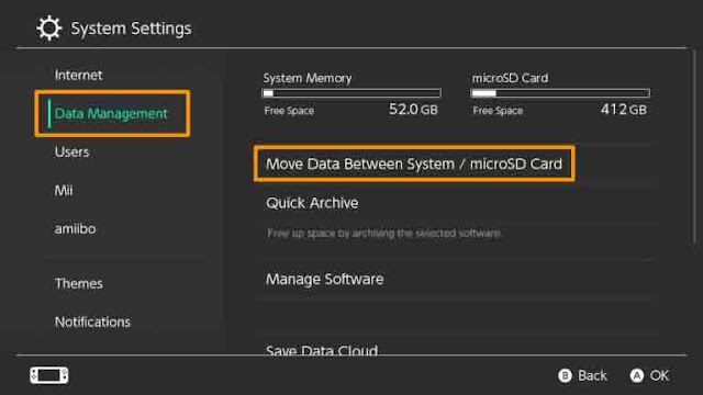انقل البيانات بين النظام وبطاقة microSD على Nintendo Switch.