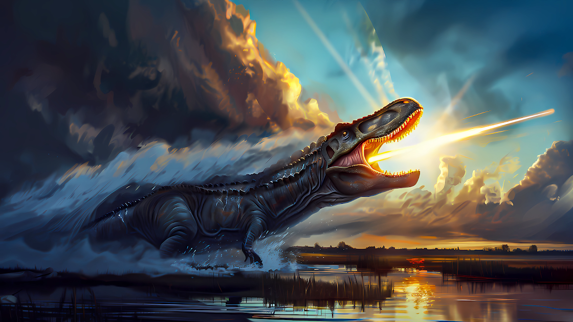 A majestic Spinosaurus roaring under an ominous sky with a meteor streaking past during sunset over a calm lake.