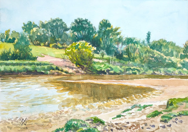 Watercolour of the River Sienne near Urville, entitled "La Sienne vers Urville-sur-Mer," by William Walkington in 2021
