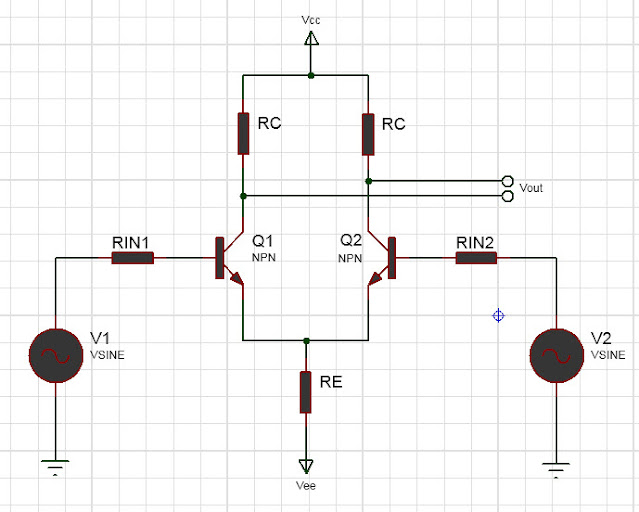 circuit schematic of dual inputs balanced output differential amplifier